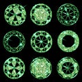 Set of Green glitter Diamonds on black background. Front view. Shining gems. Emerald Royalty Free Stock Photo