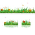 Set Green Grass Borders with colorful flowers and butterflies. Vector Illustration. Summer, plant, eco and natural, growth or fres Royalty Free Stock Photo