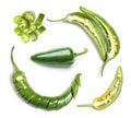 Set with green hot chili peppers on white background, top view Royalty Free Stock Photo