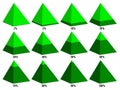 Set of green isometry pyramid charts with not symmetrical layered percent. Elements for infographics. Vector Royalty Free Stock Photo