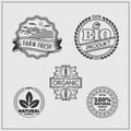 Set of green labels and badges for organic, eco and bio products on black background. Royalty Free Stock Photo