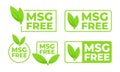 Set of green labels with MSG Free text and a leaf symbol, for products promoting health without the use of monosodium Royalty Free Stock Photo