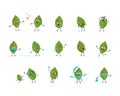 Set of green leaf character with happy or sad emotions, panic, loving or brave face, hands and legs