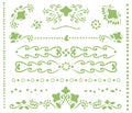 Set of green openwork dividers for text, borders and corners from curls, outlines of flowers, leaves and points vector objects iso