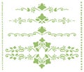 Set of green openwork dividers for text from curls, outlines of flowers, leaves and dots vector objects isolated on white backgrou