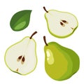 Set of green pear and slices. Isolated vector sliced fruit in flat style. Summer clipart for design Royalty Free Stock Photo