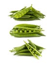 Set of green peas. Green peas isolated on a white background. Vegetables with copy space for text. Fresh green peas on a white bac Royalty Free Stock Photo