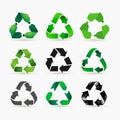 Set of green pet plastic bottles form mobius loop or recycling symbol with arrows. Eco icons pet use concept. Vector illustration Royalty Free Stock Photo