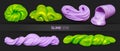 Set of green and purple realistic slimes on a black background