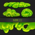 Set of green realistic slimes on a black background