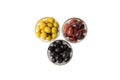 Set of green, red and black olives isolated on white background. Royalty Free Stock Photo