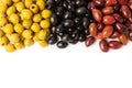 Set of green, red and black olives isolated on white background. Royalty Free Stock Photo