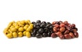 Set of green, red and black olives isolated on white background. Royalty Free Stock Photo