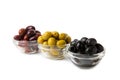 Set of green, red and black olives isolated on white background. Royalty Free Stock Photo