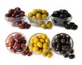 Set of green, red and black olives isolated on white background. Royalty Free Stock Photo