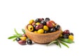 Set of green, red and black olives isolated on white background. Royalty Free Stock Photo