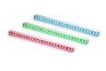 Set of green red and blue aluminum LED flood light bars for energy saving idustrial or decorative lightning isolated on white