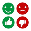 Finger pointer and smileys of emotions. Set of green and red buttons.