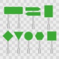 Set of green road signs on a transparent background in a flat style. Blank signs with place for text. Vector Royalty Free Stock Photo