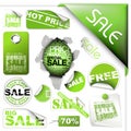 Set of green sale tickets and labels