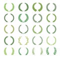 Set of green silhouette laurel foliate, wheat and olive wreaths depicting an award, achievement, heraldry, nobility. Vector