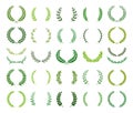 Set of green silhouette laurel foliate, wheat and olive wreaths depicting an award, achievement, heraldry, nobility. Vector Royalty Free Stock Photo