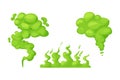 Set green smell steam, toxic stink smoke, dust cloud or fart in comic cartoon style isolated on white background