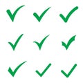 Set of green tick icons. Vector confirm icons set on white background