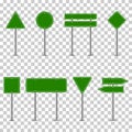 Set of green traffic signs on transparent background. Empty road sign. Road panels mockup for way direction, text, danger, stop,