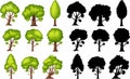 Set of green trees in different shapes and sillhouette on white background Royalty Free Stock Photo