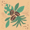 Set of green tropical leaves, brown coffee beans. Eco friendly, natural pure product. Vector illustration for menu design