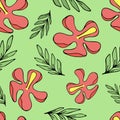 Set of green tropical green leaves and red hibiscus flowers, vector seamless pattern of doodle elements Royalty Free Stock Photo