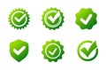 Set of green verification icons including checkmarks, shields, and badges