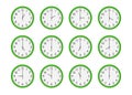 Set of green wall clocks with different time isolated on white background Royalty Free Stock Photo