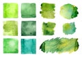 Set of green watercolor blots, splatters, washes, backgrounds and palette. Decoration illustration in tropical jungle or nature Royalty Free Stock Photo