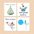 Set of greeting card: Merry Christmas and Happy New Year Creative Hand Drawn card with 4 styles with angle,christmas tree and Royalty Free Stock Photo