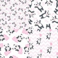 Set of greeting card and seamless pattern with hand drawn cute pandas and hearts for Valentine's Day, Mother