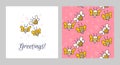 Set of greeting cards. Funny pattern with cute yellow bee