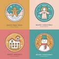 Set of Greeting Cards with Icon, Symbol of New Year and Christmas. Gingerbread, Angel, Snow House, Snowman. Pastel Royalty Free Stock Photo