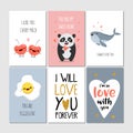 Set Of Greeting Cards With Panda, Cherry, Heart, Whale, Egg, Lettering. Vector Illustration, Printable Collection. Happy
