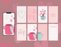 Social media story layout. Cups for a pair of lovers in blue and pink, a bouquet. Soft pink colors