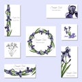 Set greeting and visit card. Hand drawn colored sketch with wreath of iris flowers and bouquet
