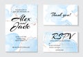 Set of 3 greeting watercolor templates: invitation wedding card, thank you and rspv card. Modern tender blue fluid ink with golden
