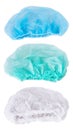 Set of gren, white and blue  medical disposable caps isolated Royalty Free Stock Photo