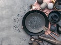 Set of grey crockery on table. Nordic style. Various plates, dish, Royalty Free Stock Photo