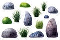 Set of grey, green mossy watercolor boulders, rocks, stones, tufts of grass. Illustration isolated on white Royalty Free Stock Photo
