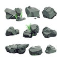 Set of Grey Stones Isolated on White Background. Single and Piled Rocks with Green Grass, Graphic Design Elements Royalty Free Stock Photo