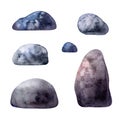 Set of grey watercolor boulders, rocks, stones. Illustration isolated on white Royalty Free Stock Photo