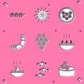 Set Grilled fish steak, Sea urchin, Caviar on plate, Shrimp, Soup with shrimps, Shark fin soup and Fishes icon. Vector