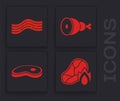 Set Grilled steak meat and fire flame, Bacon stripe, Chicken leg and Steak meat icon. Vector Royalty Free Stock Photo